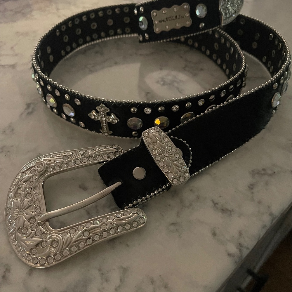 Atlas womens cow hair and cross bling belt.  44 inches.